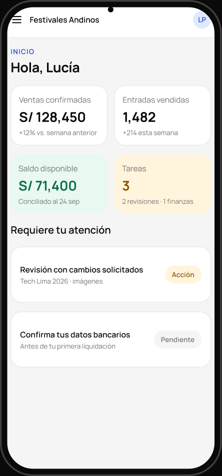 Pantalla de ejemplo de VyON para organizadores: inicio con ventas, saldo y tareas.