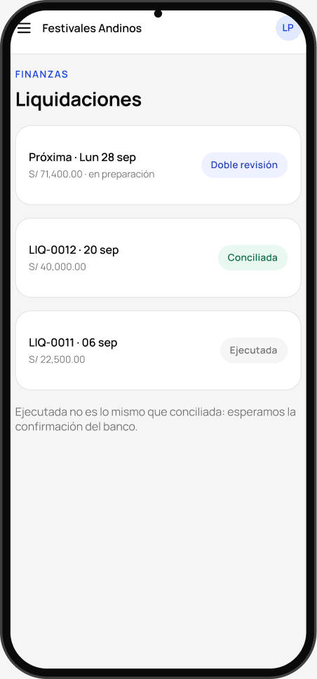 Pantalla de ejemplo: liquidaciones en preparación, conciliadas y ejecutadas.